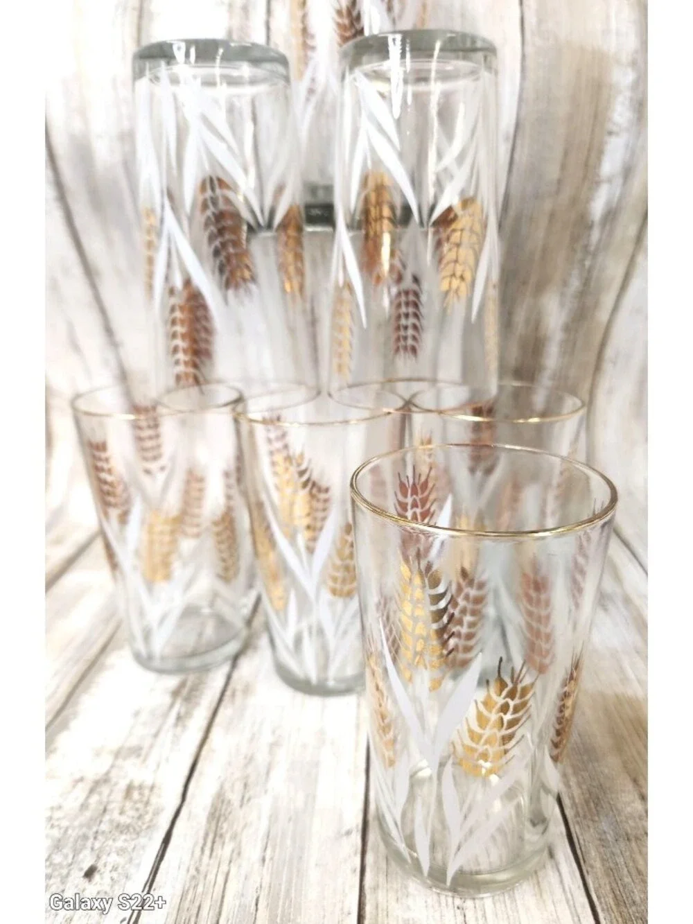 Libbey Vintage Wheat Pattern Drinking Glass Gold Rim Tumbler Mid Century Modern
